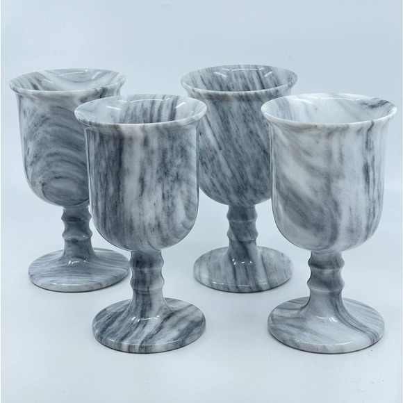 Vintage Set of (4) Marble Goblets Cups White Grey Wine Glass Glasses